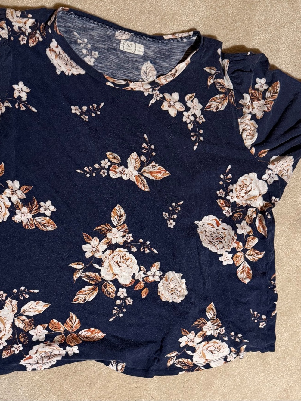 Maurices Navy Floral Short-Sleeve Tee with Cream and Brown Blossoms